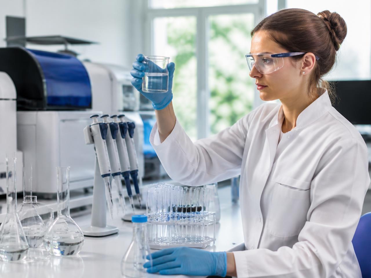 Laboratory technician performing a quality control check on a chemical sample